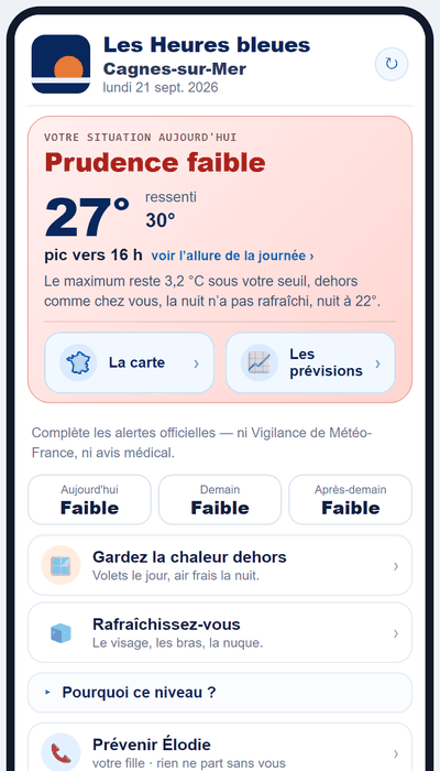 L'écran d'accueil des Heures bleues : le niveau de prudence du jour, la température prévue, et le seuil de la personne