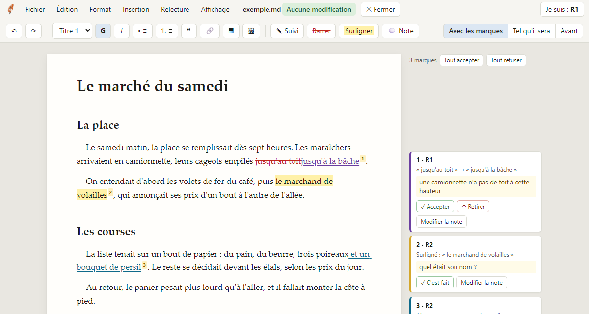 L'écran de Papyrive : un texte en cours de relecture, ses corrections et la marge des notes