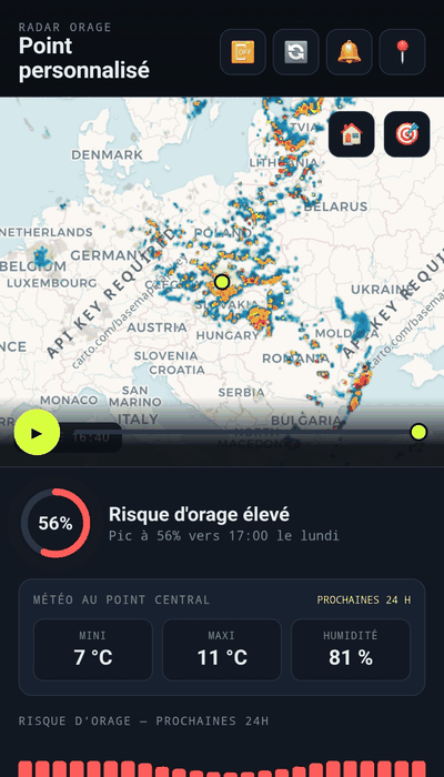 L'écran du prototype de Radar Peille : le radar des orages sur la carte, et le risque d'orage des prochaines heures
